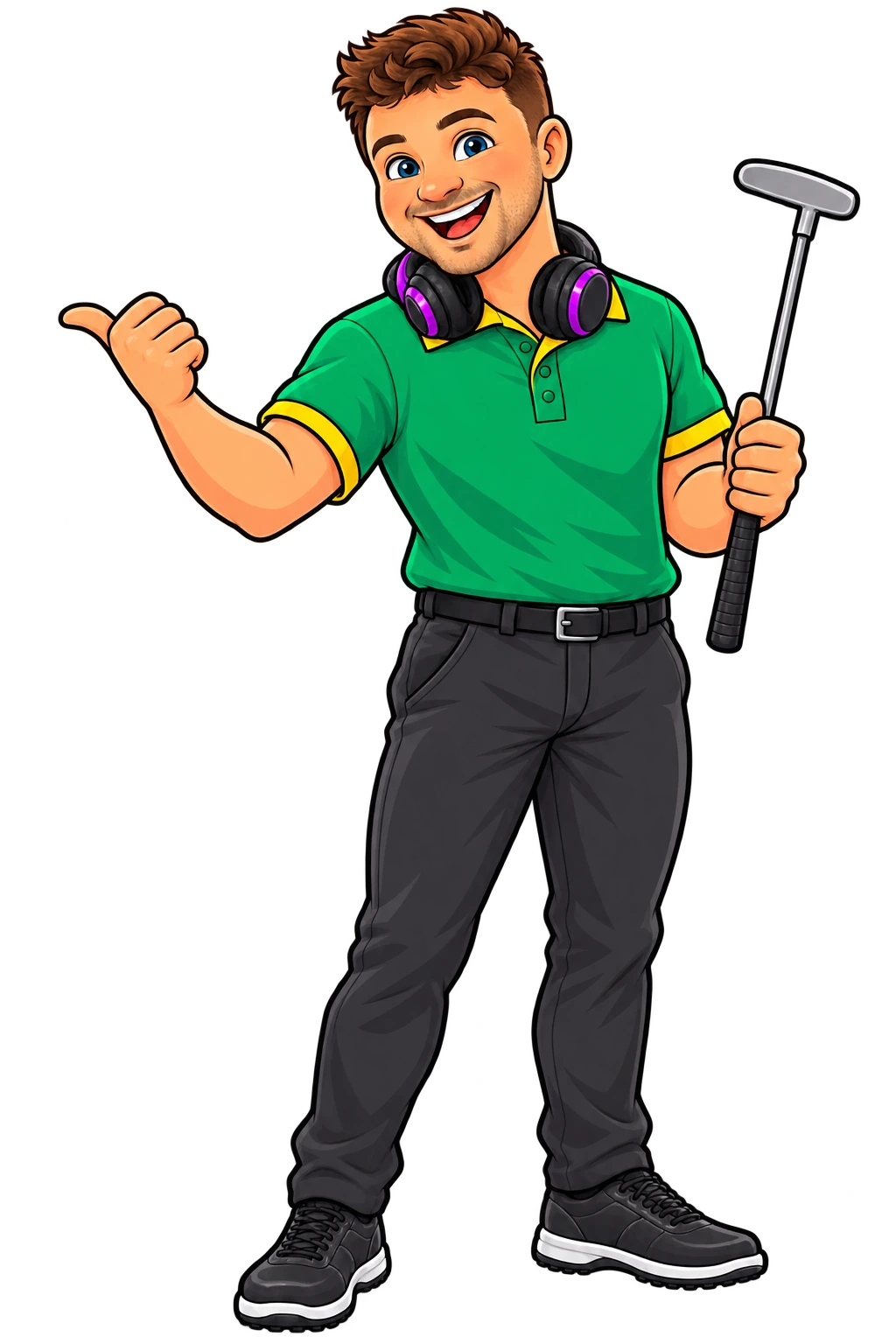 Full-length illustration of Aaron, the mini-golf host, holding a putter and gesturing towards the party details