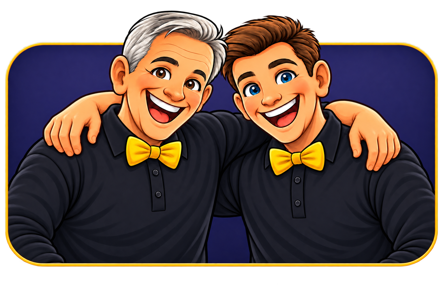 Father-and-son entertainers Bumbling Bert and Magic Ben with their arms around each other