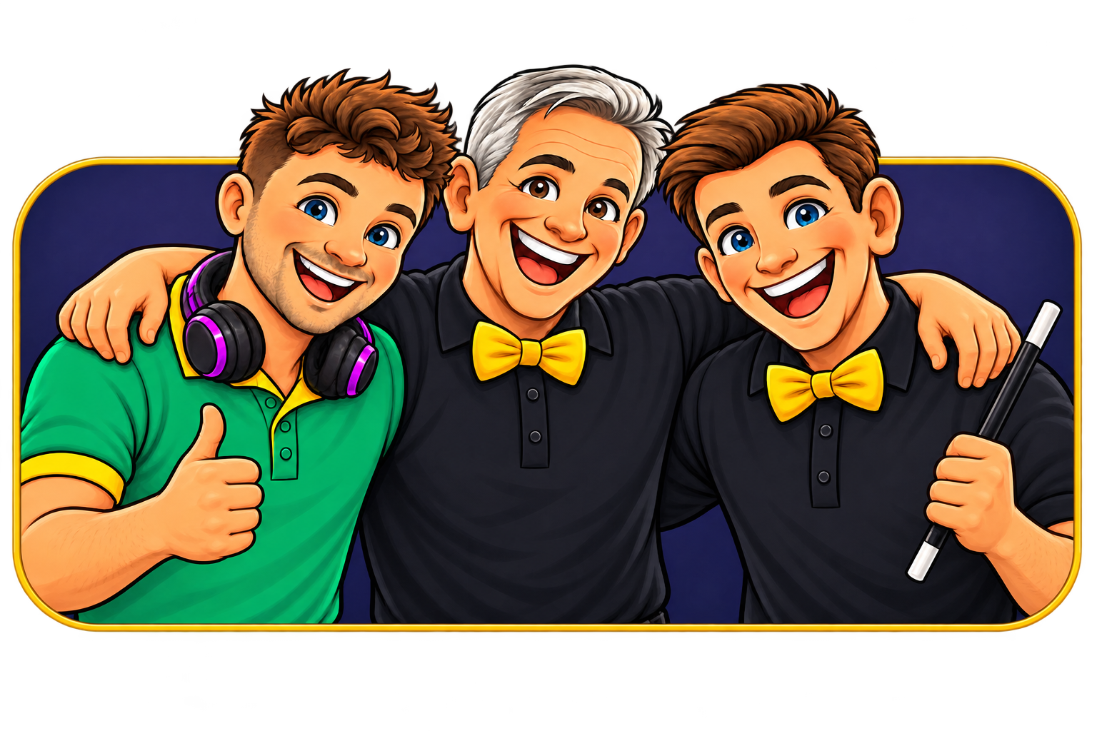 Illustrated Presswood party team: Aaron, Robert in the centre, and Ben